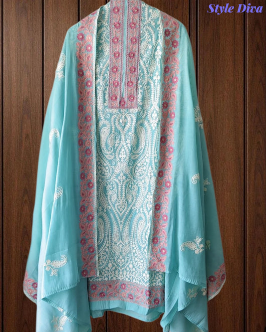 SD1242 - Mul Cotton Unstitched Suit with Overall Jal Embroidery & Matching Embroidered Dupatta