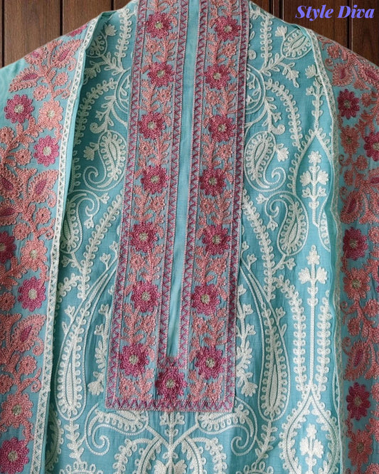 SD1242 - Mul Cotton Unstitched Suit with Overall Jal Embroidery & Matching Embroidered Dupatta