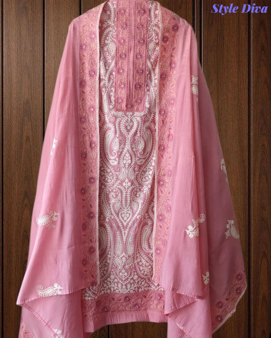 SD1242 - Mul Cotton Unstitched Suit with Overall Jal Embroidery & Matching Embroidered Dupatta
