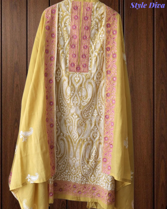 SD1242 - Mul Cotton Unstitched Suit with Overall Jal Embroidery & Matching Embroidered Dupatta