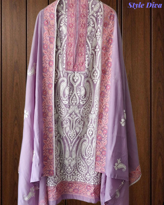 SD1242 - Mul Cotton Unstitched Suit with Overall Jal Embroidery & Matching Embroidered Dupatta