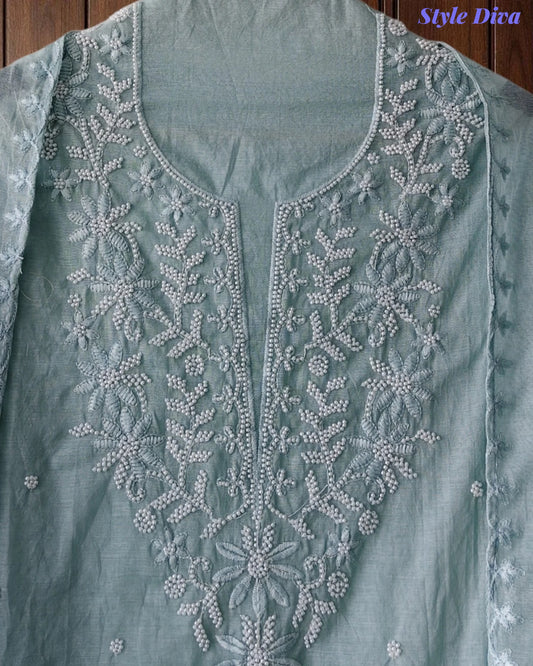 SD1213-Mul Cotton Unstitched Suit Set with Embroidery & Pearl Work on Kurta and Embroidered Dupatta
