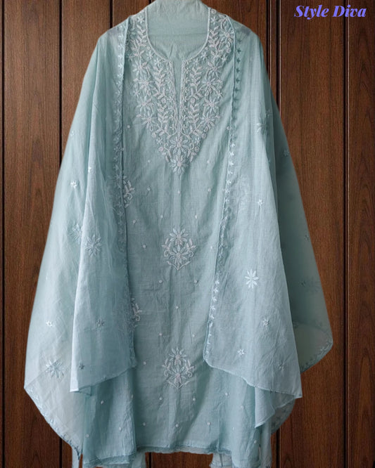 SD1213-Mul Cotton Unstitched Suit Set with Embroidery & Pearl Work on Kurta and Embroidered Dupatta