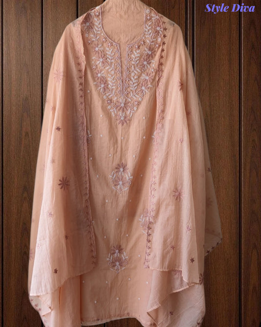 SD1213-Mul Cotton Unstitched Suit Set with Embroidery & Pearl Work on Kurta and Embroidered Dupatta