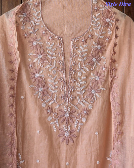 SD1213-Mul Cotton Unstitched Suit Set with Embroidery & Pearl Work on Kurta and Embroidered Dupatta