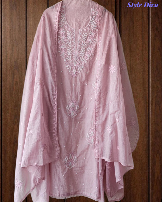SD1213-Mul Cotton Unstitched Suit Set with Embroidery & Pearl Work on Kurta and Embroidered Dupatta