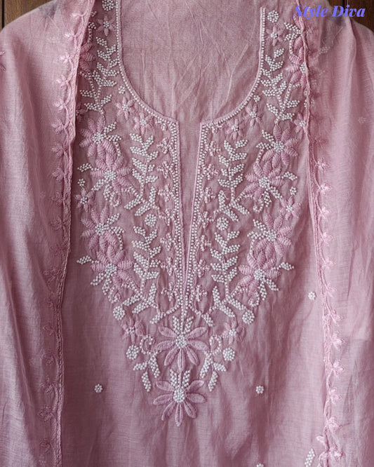 SD1213-Mul Cotton Unstitched Suit Set with Embroidery & Pearl Work on Kurta and Embroidered Dupatta