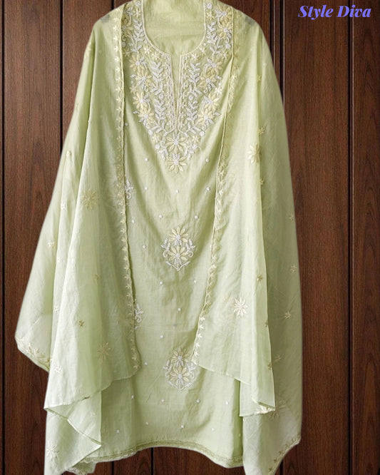 SD1213-Mul Cotton Unstitched Suit Set with Embroidery & Pearl Work on Kurta and Embroidered Dupatta