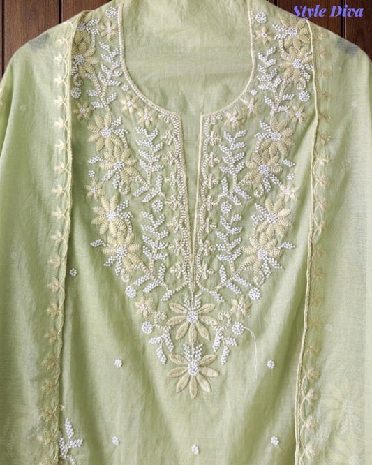 SD1213-Mul Cotton Unstitched Suit Set with Embroidery & Pearl Work on Kurta and Embroidered Dupatta
