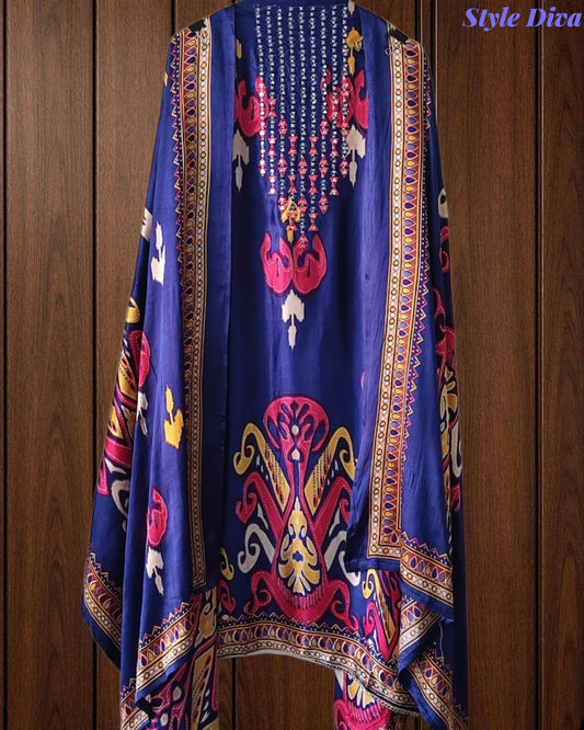 SD1224 - Gajji Silk Unstitched Suit with Digital Print, Mirror Work, Embroidered Kurta & Digital Print Dupatta