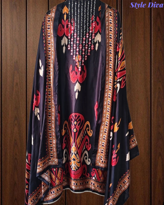 SD1224 - Gajji Silk Unstitched Suit with Digital Print, Mirror Work, Embroidered Kurta & Digital Print Dupatta