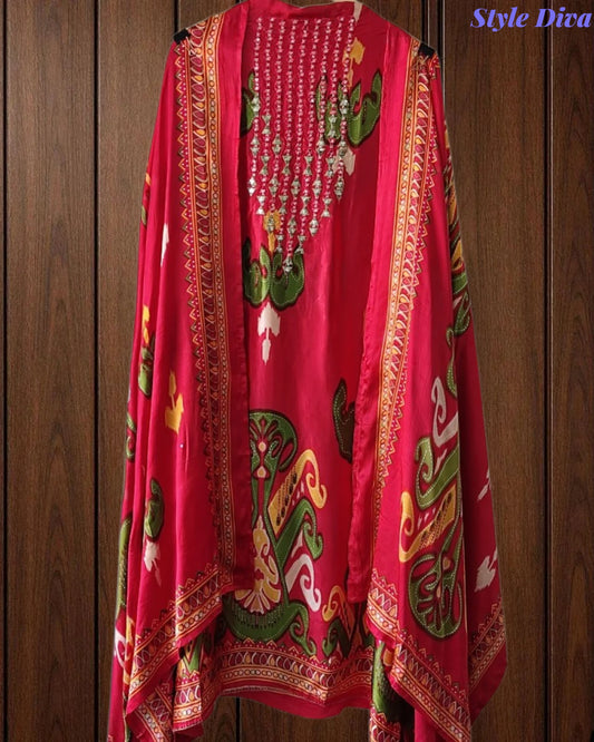 SD1224 - Gajji Silk Unstitched Suit with Digital Print, Mirror Work, Embroidered Kurta & Digital Print Dupatta