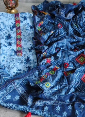 Pure Cotton Unstitched Suit Set with  kantha work on neck cotton bottom cotton dupatta with kantha work