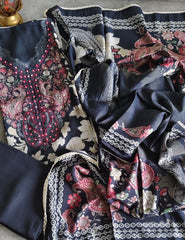 Muslin Digital Print Semi-Stitched Suit with Mirror Highlighting & Lacing – 3 Pc Set