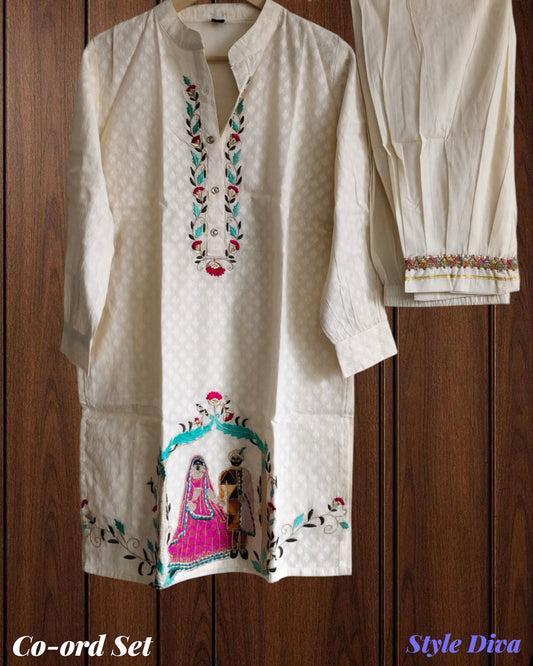 Pure Cotton Embroidered Top & Lace Pant Co-Ord Set (2 Pc Set)