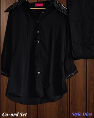 Crepe Designer Long Neck Shirt & Pant Co-Ord Set with Neck Work (2 Pc Set)