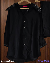 Crepe Designer Long Neck Shirt & Pant Co-Ord Set with Neck Work (2 Pc Set)