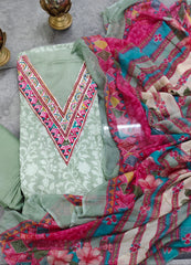 Pure Cotton Mirror Work Printed Suit with Chiffon Digital Dupatta – Unstitched 3 Pc Set