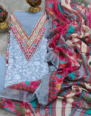 Pure Cotton Mirror Work Printed Suit with Chiffon Digital Dupatta – Unstitched 3 Pc Set