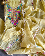 Soft Mul Chanderi Suit with Embroidery, Mirror & Gotta Work | Mul Chanderi Dupatta | Unstitched Set