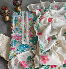 Cotton Printed Suit with Brush Paint Kota Dupatta & Neck Work (Unstitched)