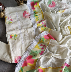 Soft Mul Chanderi Embroidered Suit with Croatia Laced Dupatta | Unstitched Set
