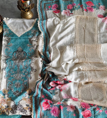 Muslin Pakistani Digital Print Suit with Croatia Net Lacing & Mirror Highlighting – Semi Stitched (3 Pc Set)
