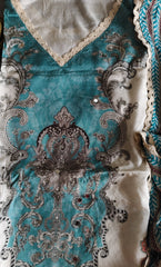Muslin Pakistani Digital Print Suit with Croatia Net Lacing & Mirror Highlighting – Semi Stitched (3 Pc Set)