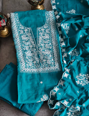 Elegant Cotton Chikan-Kari Unstitched Suit Set with Rayon Bottom