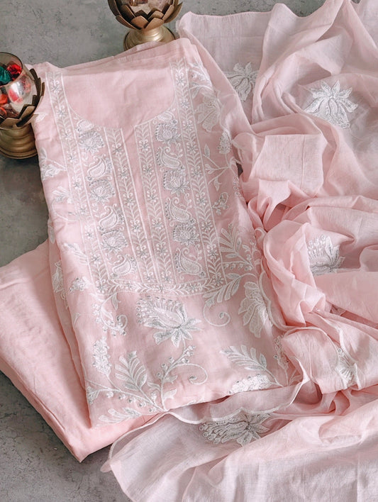 Mul Cotton Chikan-Kari & Zari Embroidery Festive Unstitched Suit (3 Pc Set)