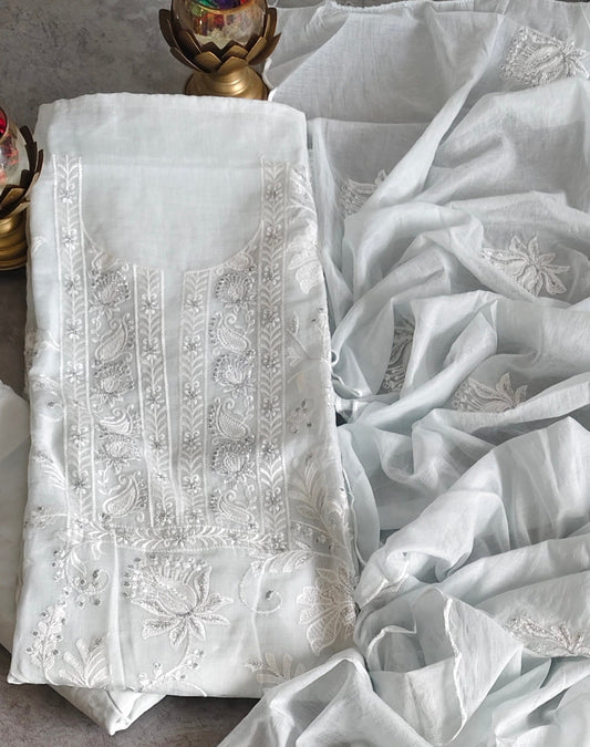 Mul Cotton Chikan-Kari & Zari Embroidery Festive Unstitched Suit (3 Pc Set)