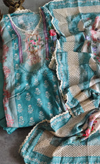 Pakistani Style Muslin Semi- Stitched Suit with Digital Print, Crochet & Mirror Highlights