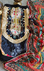Crepe Digital Printed Unstitched Suit with Gotta Highlighting & Neck Work