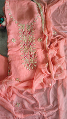 Pastel Organza Gotta & Mirror Work Unstitched Suit Set (3 Pc, Party Wear)