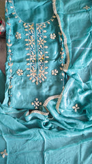 Pastel Organza Gotta & Mirror Work Unstitched Suit Set (3 Pc, Party Wear)