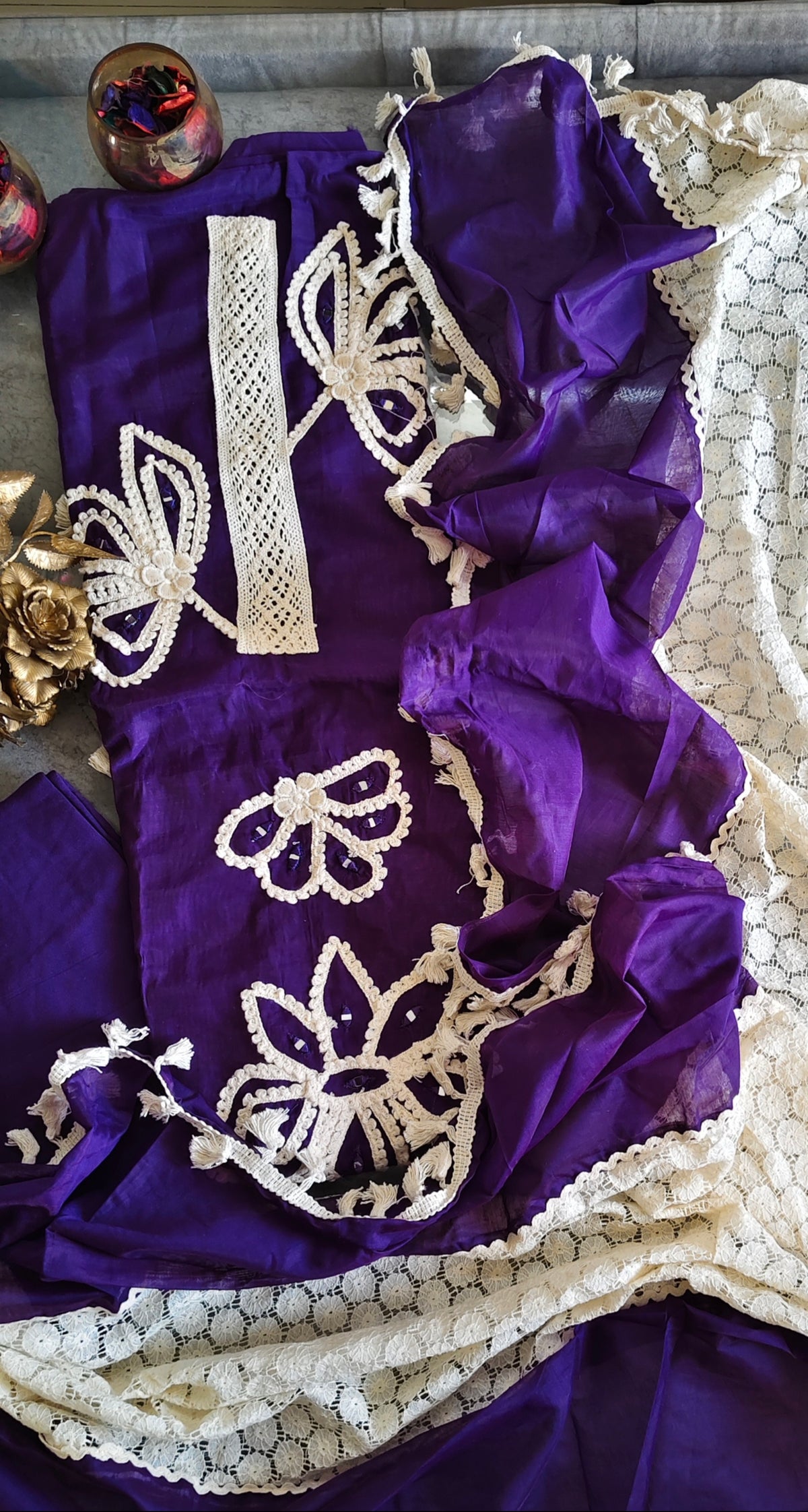 Soft Mul Cotton Unstitched Suit with 3D Crochet & Mirror Work