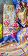 Cotton Digital Print Unstitched Suit with Neck Embroidery & Laser-Cut Detailing