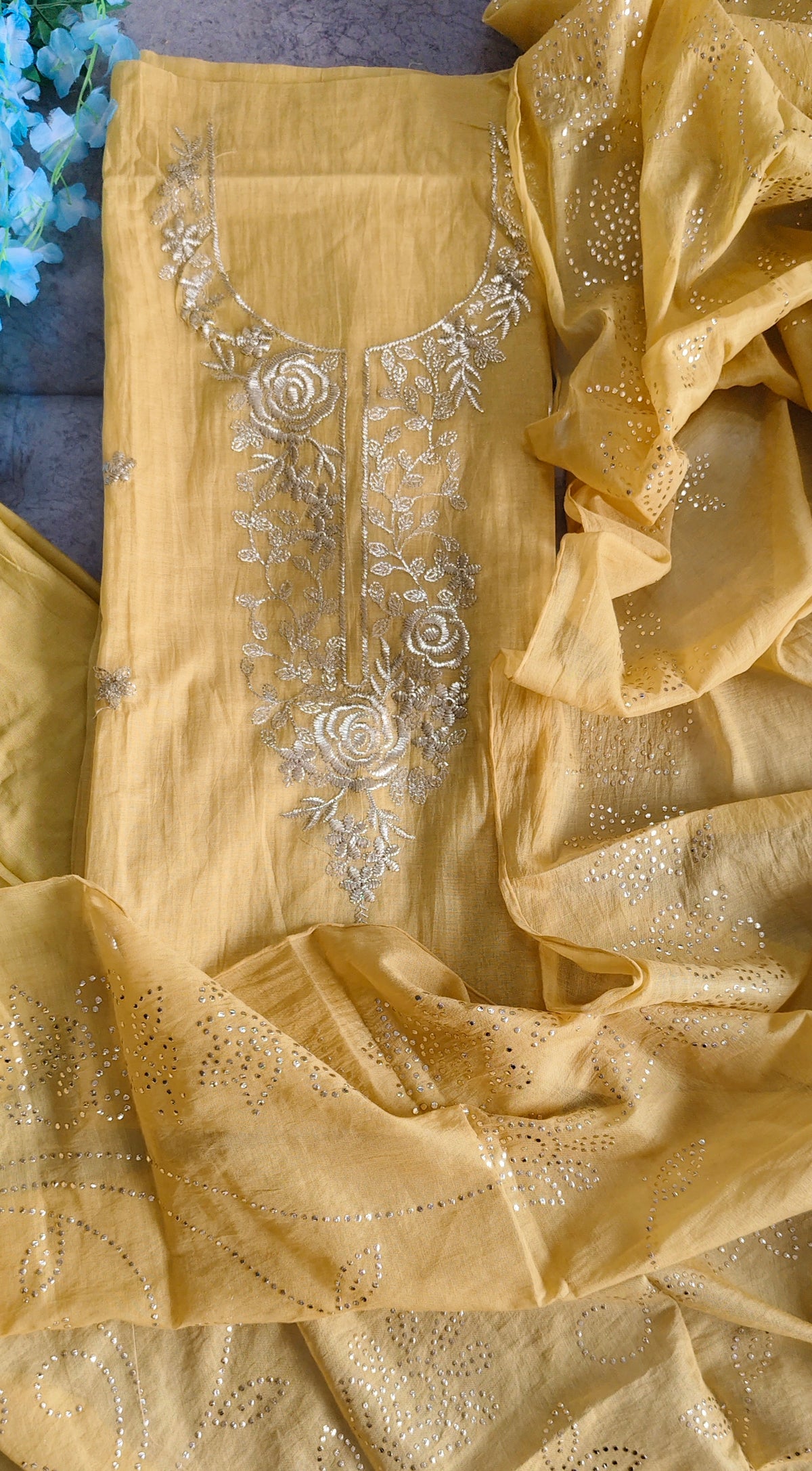 Pure Mul Chanderi Embroidered Un-Stitched Suit with Mukesh Dupatta