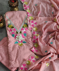 Graceful Mul Cotton 3D Embroidered Suit Set With Scalloped Embroidery Dupatta