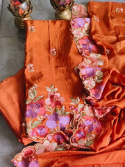 Parsi Embroidery- Designer Crepe Suit with Scalloped Chinnon Dupatta