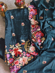 Parsi Embroidery- Designer Crepe Suit with Scalloped Chinnon Dupatta