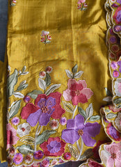 Parsi Embroidery- Designer Crepe Suit with Scalloped Chinnon Dupatta