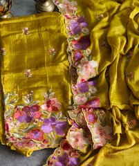 Parsi Embroidery- Designer Crepe Suit with Scalloped Chinnon Dupatta