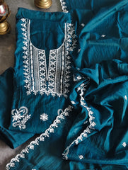 oft Mul Chanderi Unstitched Suit Set with Embroidery & Pearl Work