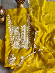 oft Mul Chanderi Unstitched Suit Set with Embroidery & Pearl Work
