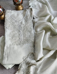 Linen Cotton Suit Set with Sequin Crochet Detailing & Designer Dupatta