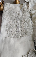 Linen Cotton Suit Set with Sequin Crochet Detailing & Designer Dupatta