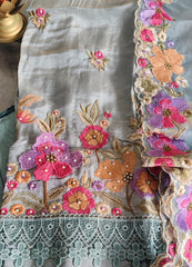 Elegant Shimmer Tissue Suit with 3D Parsi Embroidery & Organza Dupatta