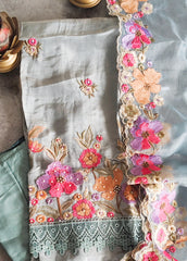 Elegant Shimmer Tissue Suit with 3D Parsi Embroidery & Organza Dupatta