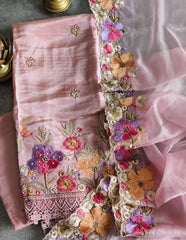 Elegant Shimmer Tissue Suit with 3D Parsi Embroidery & Organza Dupatta